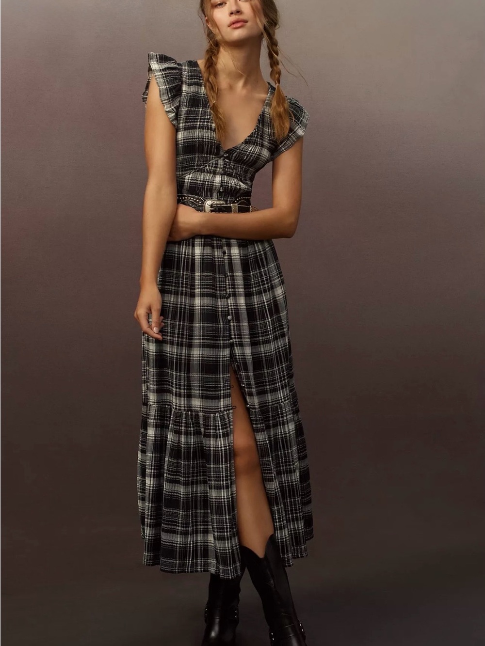 Anthropologie Peregrine Plaid Edition Maxi Dress in Black and White Size M Like